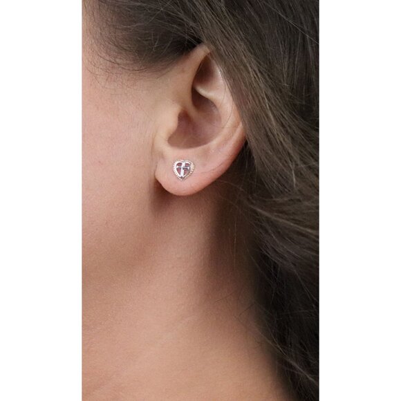 14k Yellow Gold & White Gold Heart Cross Earrings Stud Post 1/4" Round - Picture 4 of 9